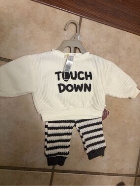 Baby chickpea Cream Knit 'TOUCH DOWN' football sweater Set with Striped Pants